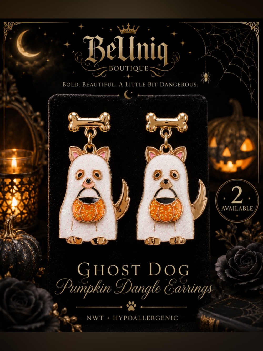 👻🐾 NWT Ghost Dog Pumpkin Dangle Earrings | Halloween Goldtone